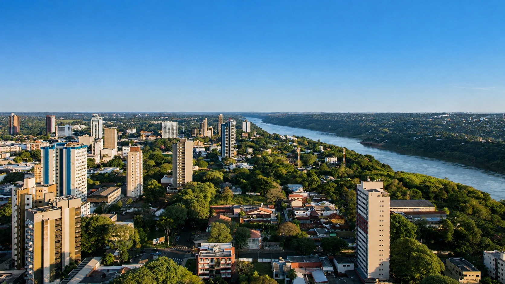 Vista aérea de Foz do Iguaçu com o rio Paraná ao fundo
